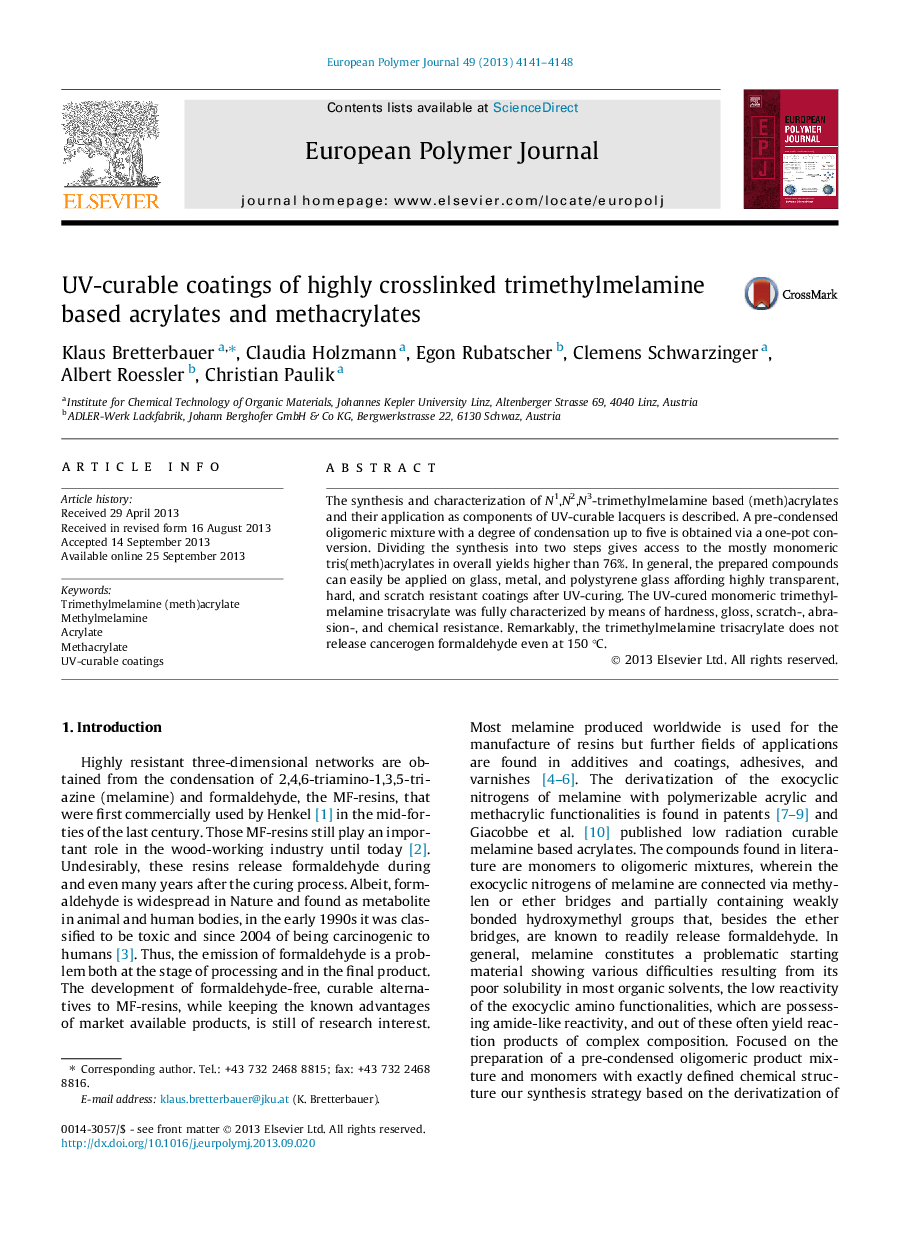 UV-curable coatings of highly crosslinked trimethylmelamine based acrylates and methacrylates