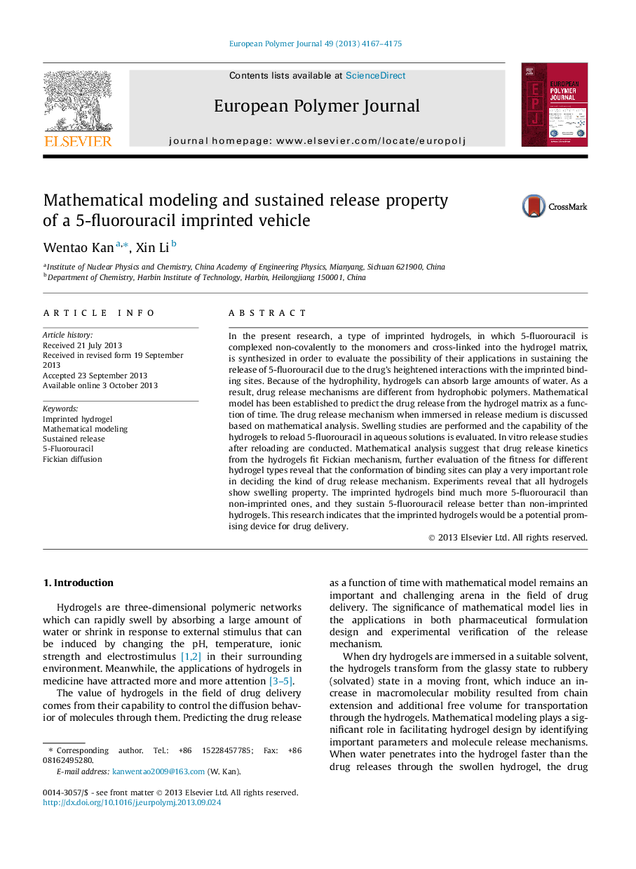 Mathematical modeling and sustained release property of a 5-fluorouracil imprinted vehicle