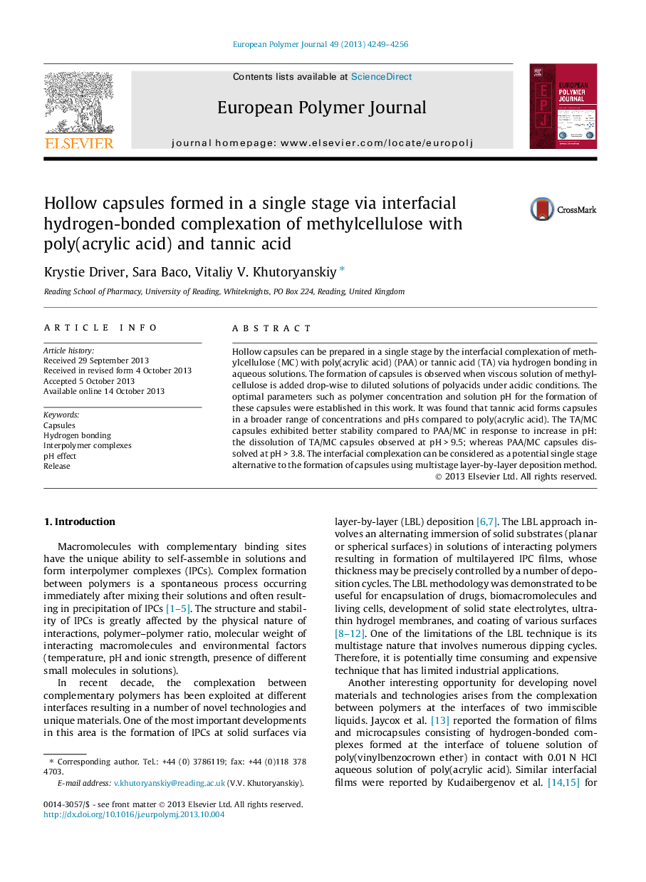 Hollow capsules formed in a single stage via interfacial hydrogen-bonded complexation of methylcellulose with poly(acrylic acid) and tannic acid