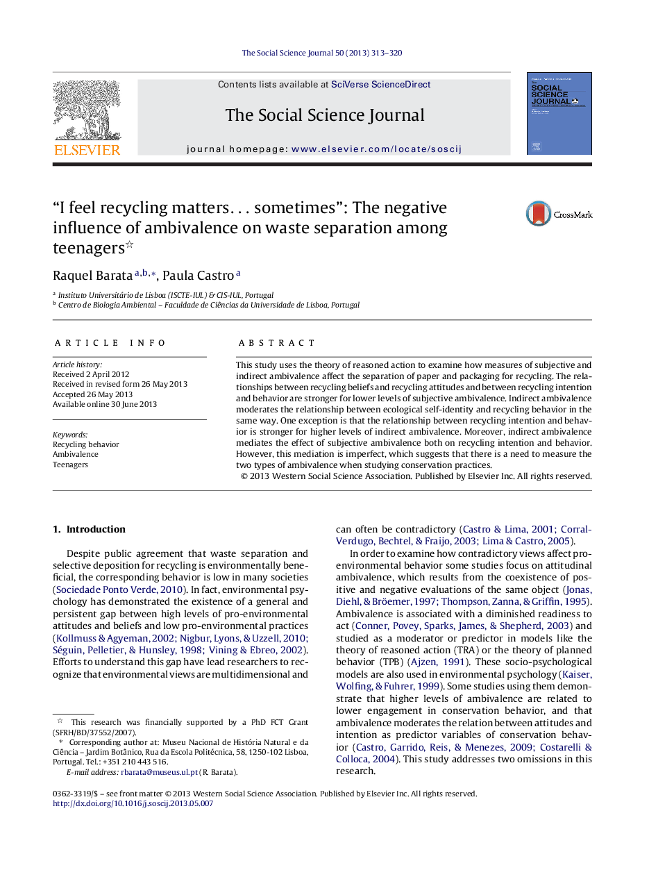 “I feel recycling matters… sometimes”: The negative influence of ambivalence on waste separation among teenagers 