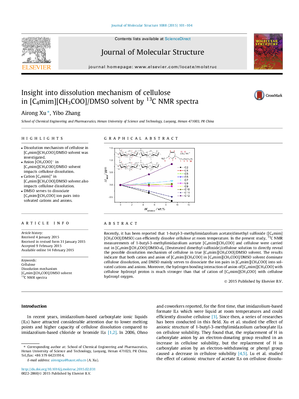 Insight into dissolution mechanism of cellulose in [C4mim][CH3COO]/DMSO solvent by 13C NMR spectra