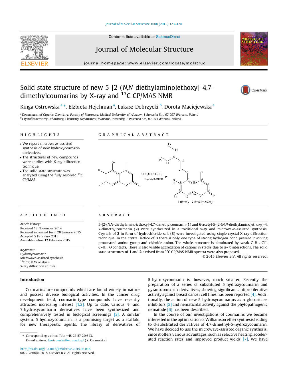 Solid state structure of new 5-[2-(N,N-diethylamino)ethoxy]-4,7-dimethylcoumarins by X-ray and 13C CP/MAS NMR