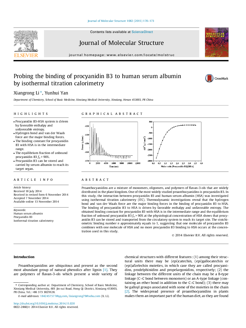 Probing the binding of procyanidin B3 to human serum albumin by isothermal titration calorimetry