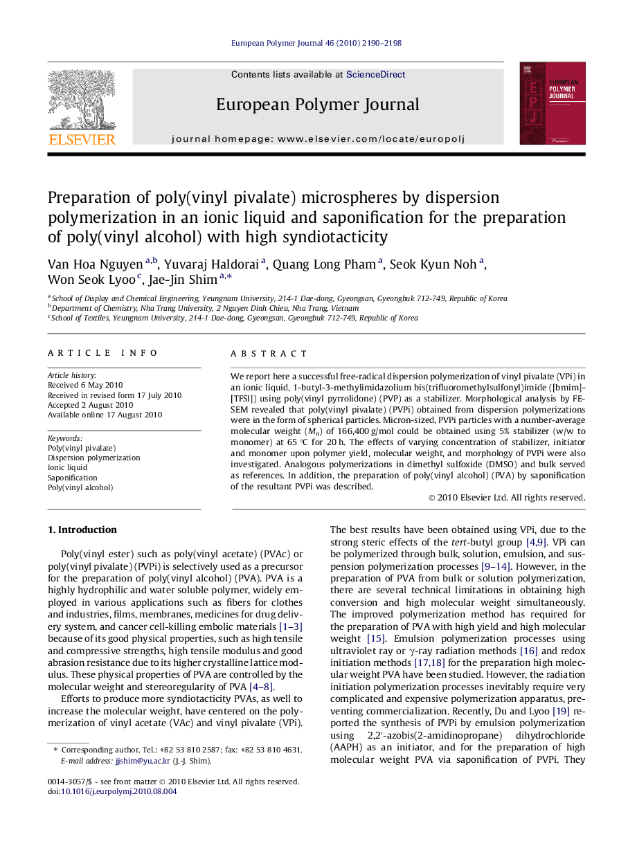 Preparation of poly(vinyl pivalate) microspheres by dispersion polymerization in an ionic liquid and saponification for the preparation of poly(vinyl alcohol) with high syndiotacticity