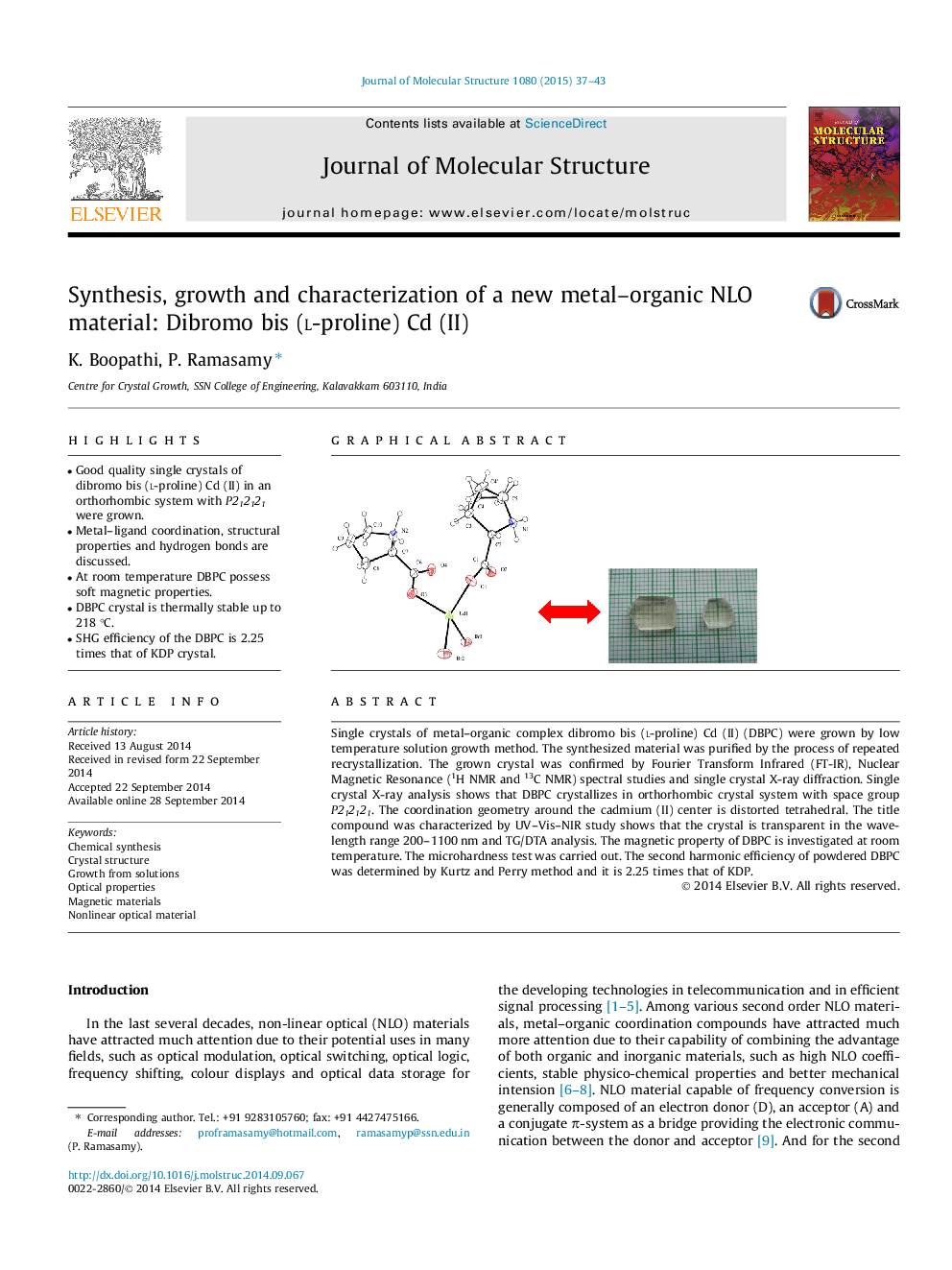 Synthesis, growth and characterization of a new metal–organic NLO material: Dibromo bis (l-proline) Cd (II)