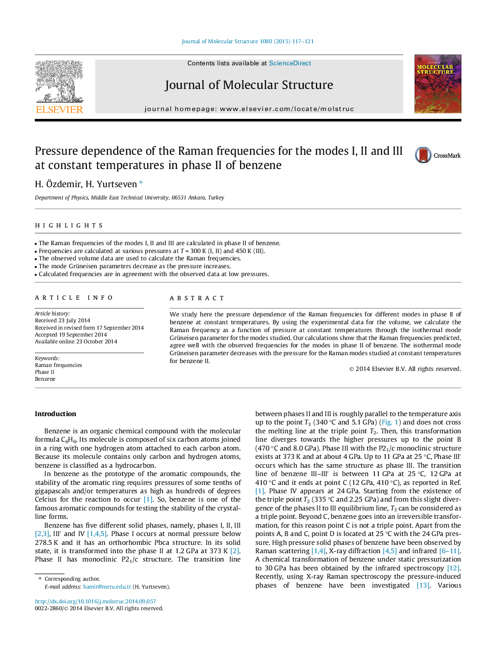 Pressure dependence of the Raman frequencies for the modes I, II and III at constant temperatures in phase II of benzene