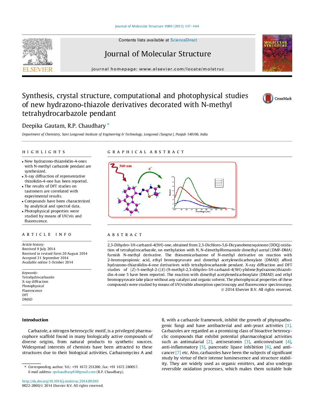 Synthesis, crystal structure, computational and photophysical studies of new hydrazono-thiazole derivatives decorated with N-methyl tetrahydrocarbazole pendant