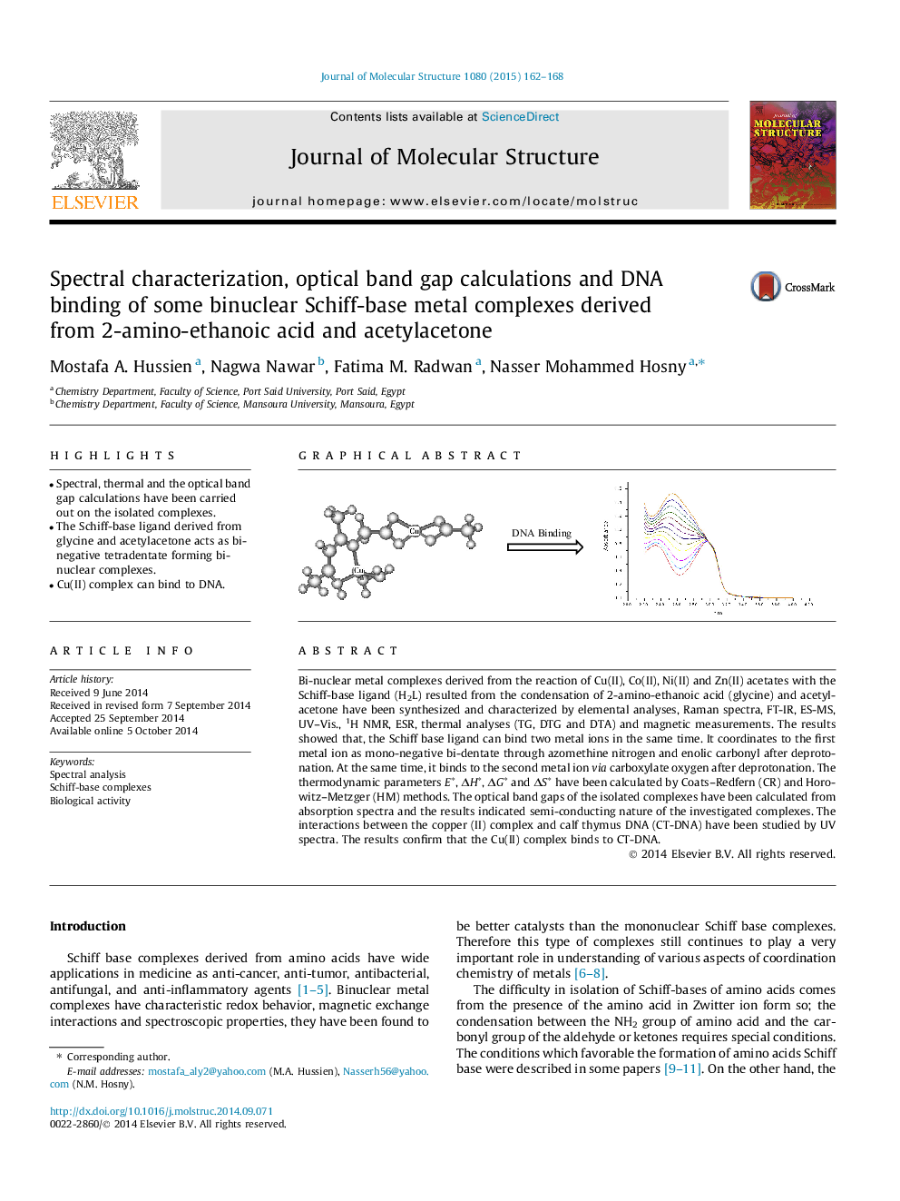 Spectral characterization, optical band gap calculations and DNA binding of some binuclear Schiff-base metal complexes derived from 2-amino-ethanoic acid and acetylacetone