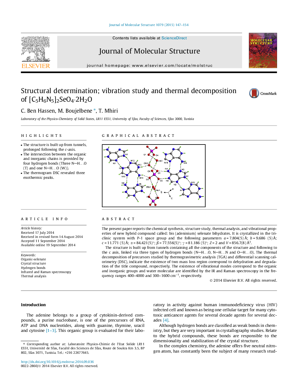 Structural determination; vibration study and thermal decomposition of [C5H6N5]2SeO4⋅2H2O