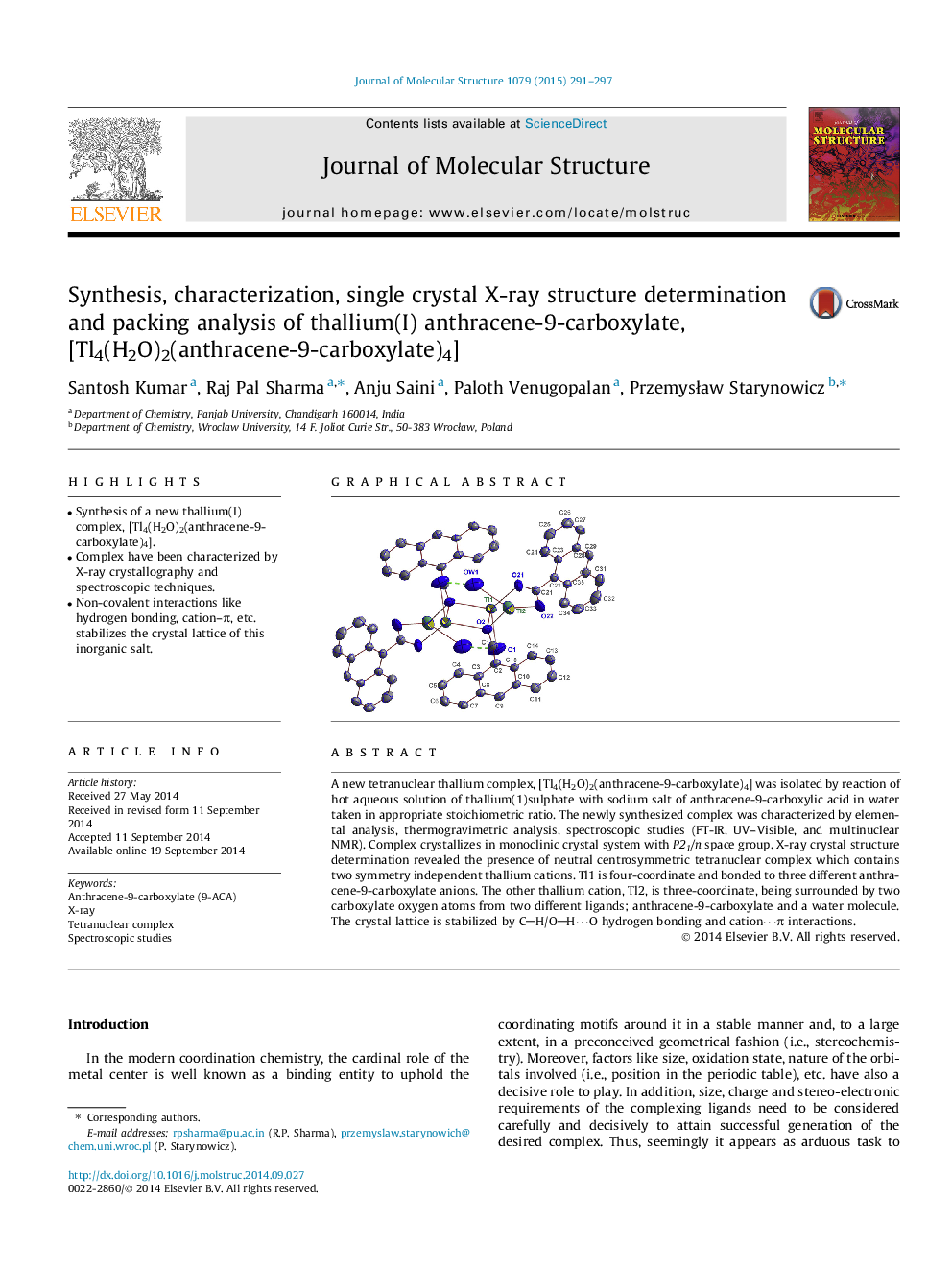 Synthesis, characterization, single crystal X-ray structure determination and packing analysis of thallium(I) anthracene-9-carboxylate, [Tl4(H2O)2(anthracene-9-carboxylate)4]