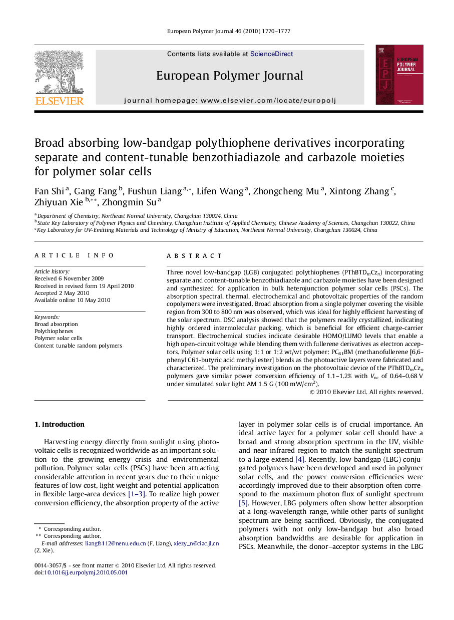 Broad absorbing low-bandgap polythiophene derivatives incorporating separate and content-tunable benzothiadiazole and carbazole moieties for polymer solar cells