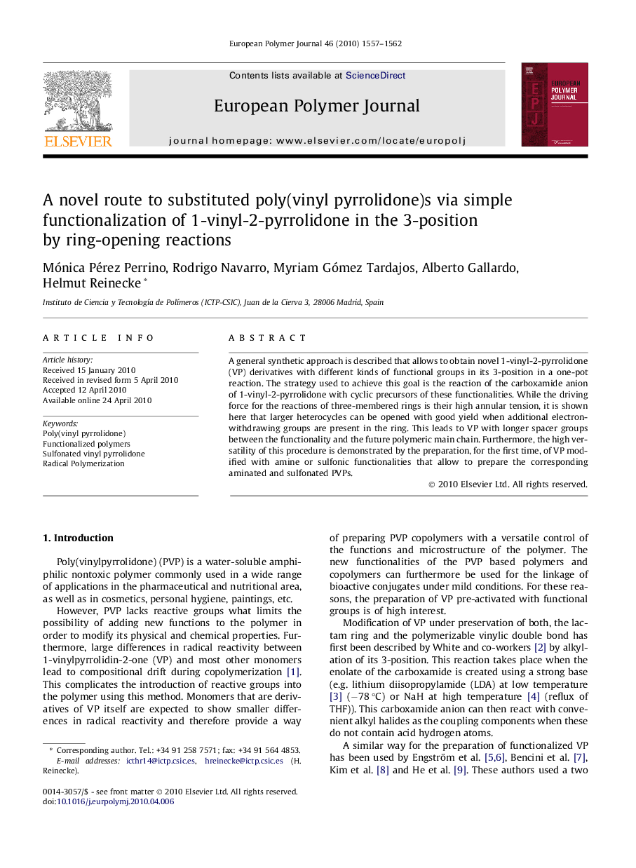 A novel route to substituted poly(vinyl pyrrolidone)s via simple functionalization of 1-vinyl-2-pyrrolidone in the 3-position by ring-opening reactions