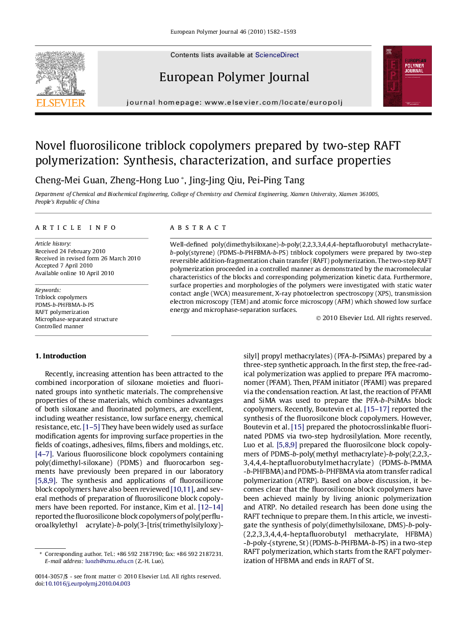 Novel fluorosilicone triblock copolymers prepared by two-step RAFT polymerization: Synthesis, characterization, and surface properties