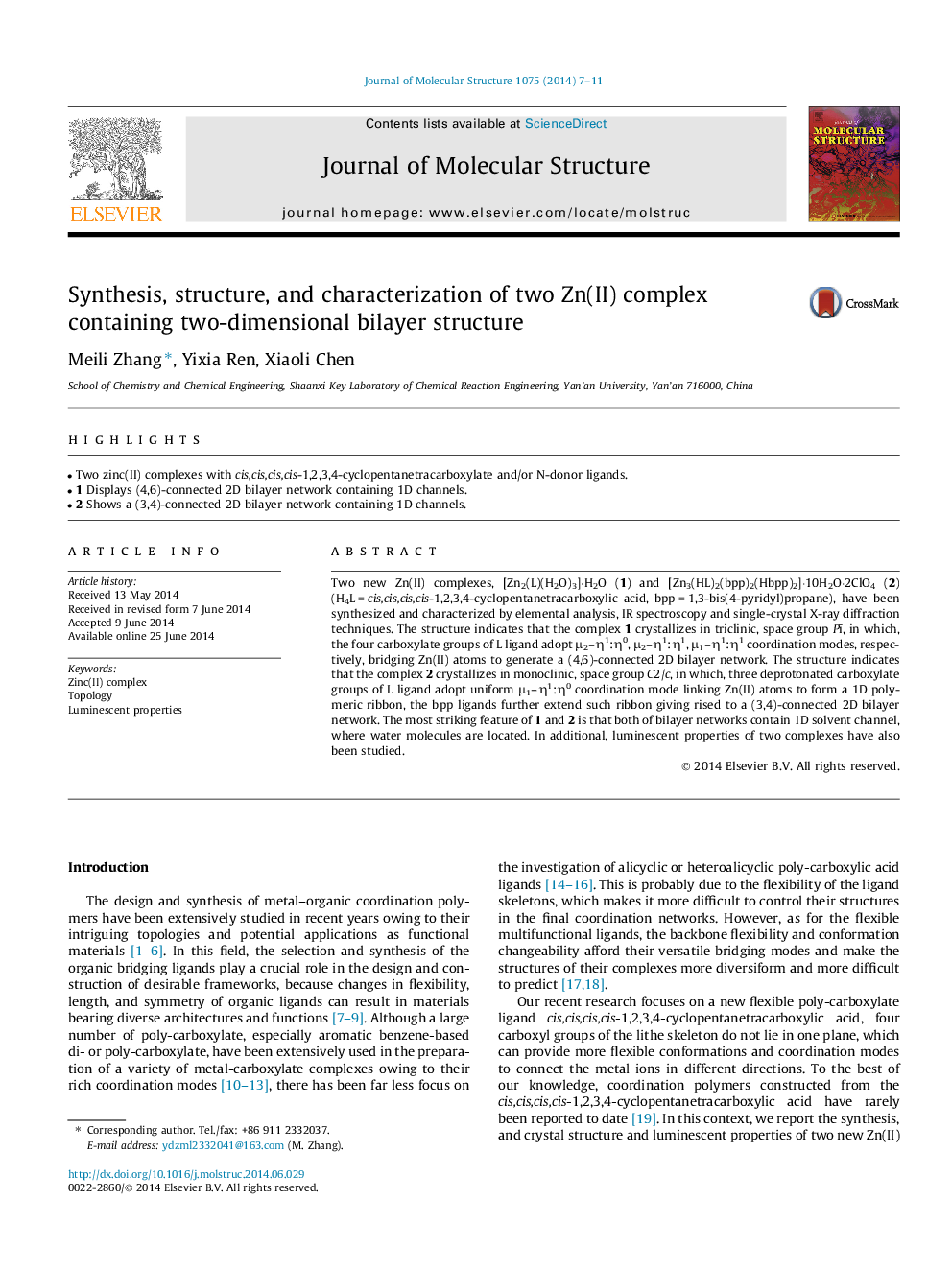 Synthesis, structure, and characterization of two Zn(II) complex containing two-dimensional bilayer structure