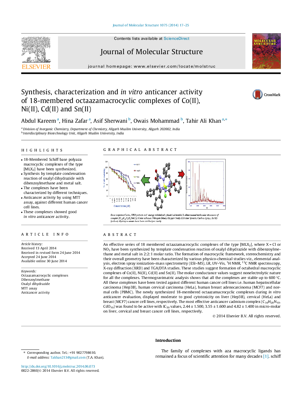 Synthesis, characterization and in vitro anticancer activity of 18-membered octaazamacrocyclic complexes of Co(II), Ni(II), Cd(II) and Sn(II)