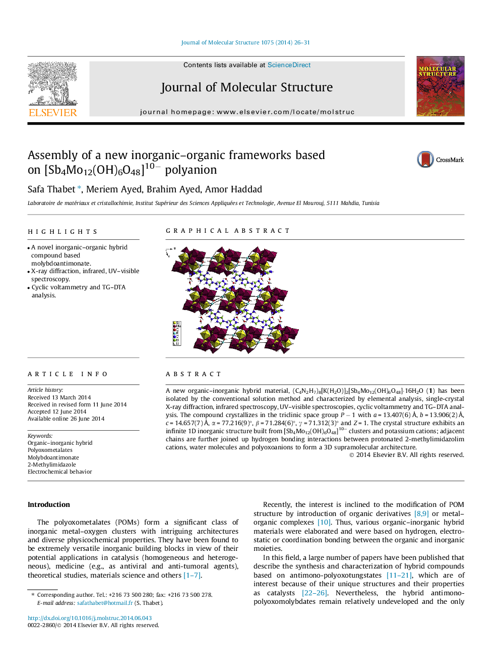 Assembly of a new inorganic–organic frameworks based on [Sb4Mo12(OH)6O48]10− polyanion