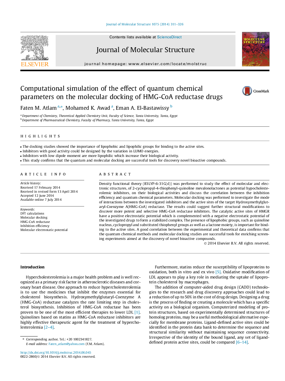 Computational simulation of the effect of quantum chemical parameters on the molecular docking of HMG-CoA reductase drugs