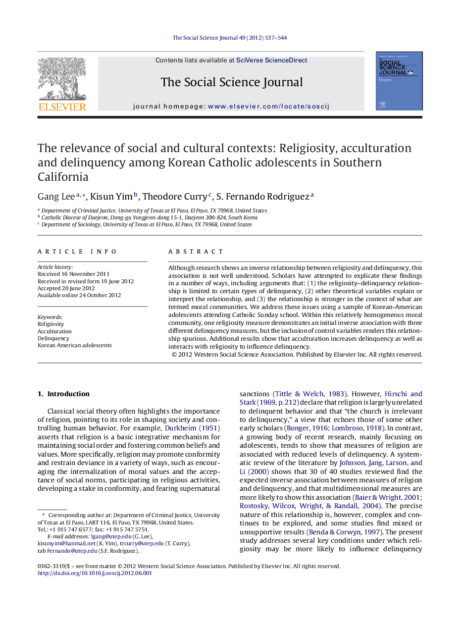 The relevance of social and cultural contexts: Religiosity, acculturation and delinquency among Korean Catholic adolescents in Southern California