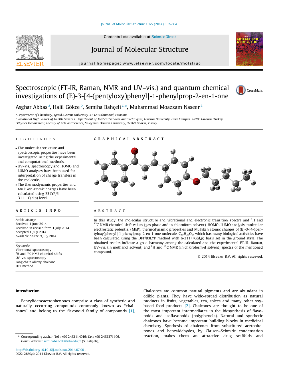 Spectroscopic (FT-IR, Raman, NMR and UV–vis.) and quantum chemical investigations of (E)-3-[4-(pentyloxy)phenyl]-1-phenylprop-2-en-1-one