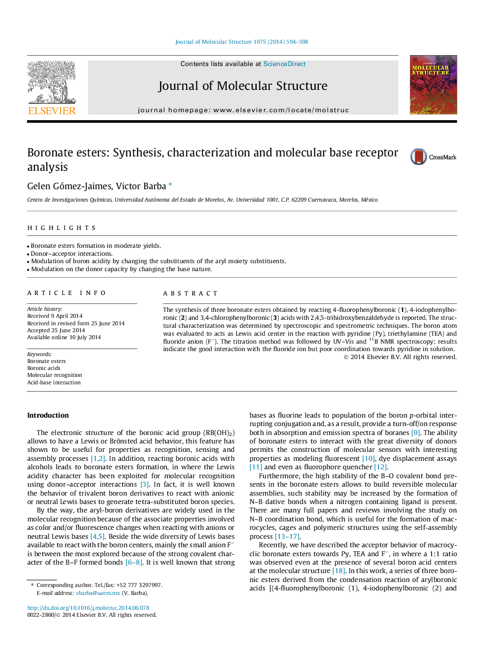 Boronate esters: Synthesis, characterization and molecular base receptor analysis