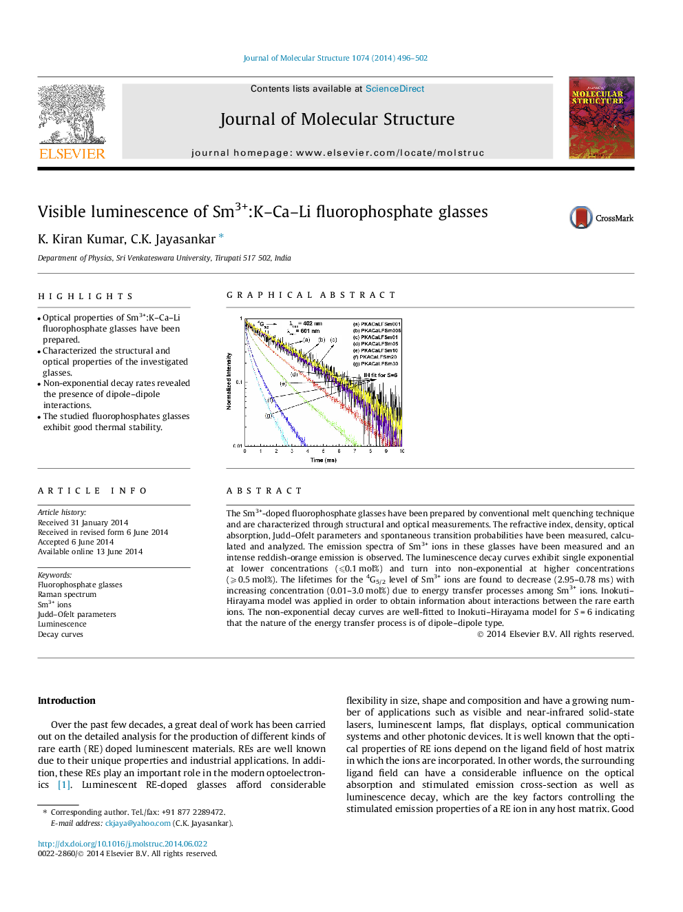 Visible luminescence of Sm3+:K–Ca–Li fluorophosphate glasses