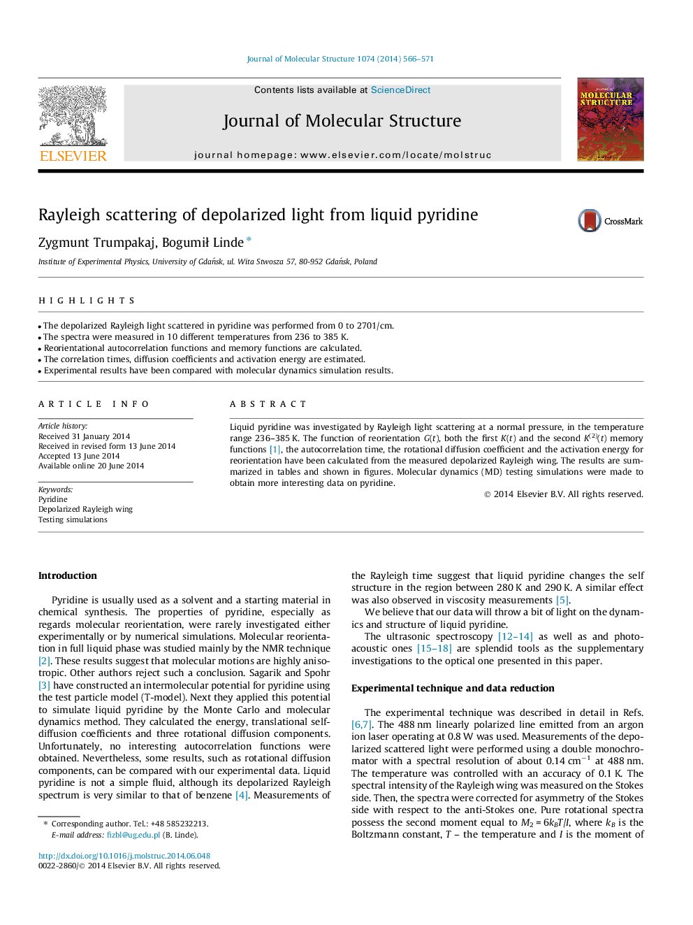 Rayleigh scattering of depolarized light from liquid pyridine