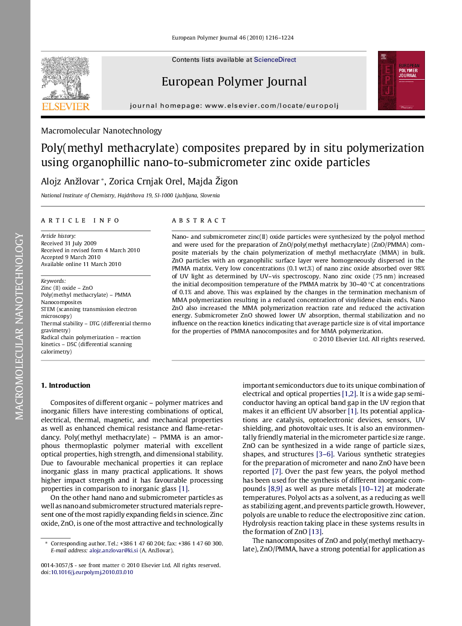 Poly(methyl methacrylate) composites prepared by in situ polymerization using organophillic nano-to-submicrometer zinc oxide particles