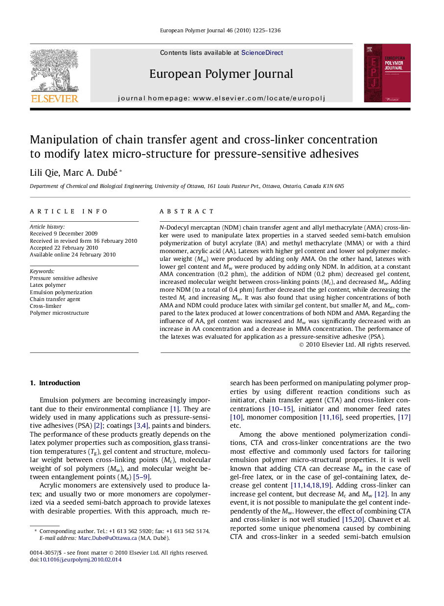 Manipulation of chain transfer agent and cross-linker concentration to modify latex micro-structure for pressure-sensitive adhesives