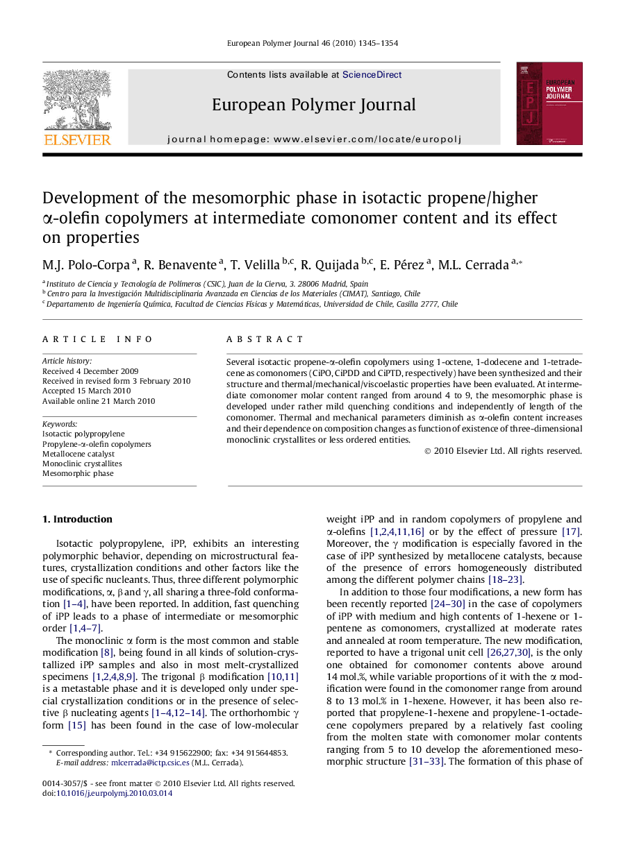 عکس صفحه اول مقاله: Development of the mesomorphic phase in isotactic propene/higher α-olefin copolymers at intermediate comonomer content and its effect on properties Development of the mesomorphic phase in isotactic propene/higher α-olefin copolymers at intermediate comonomer content and its effect on properties