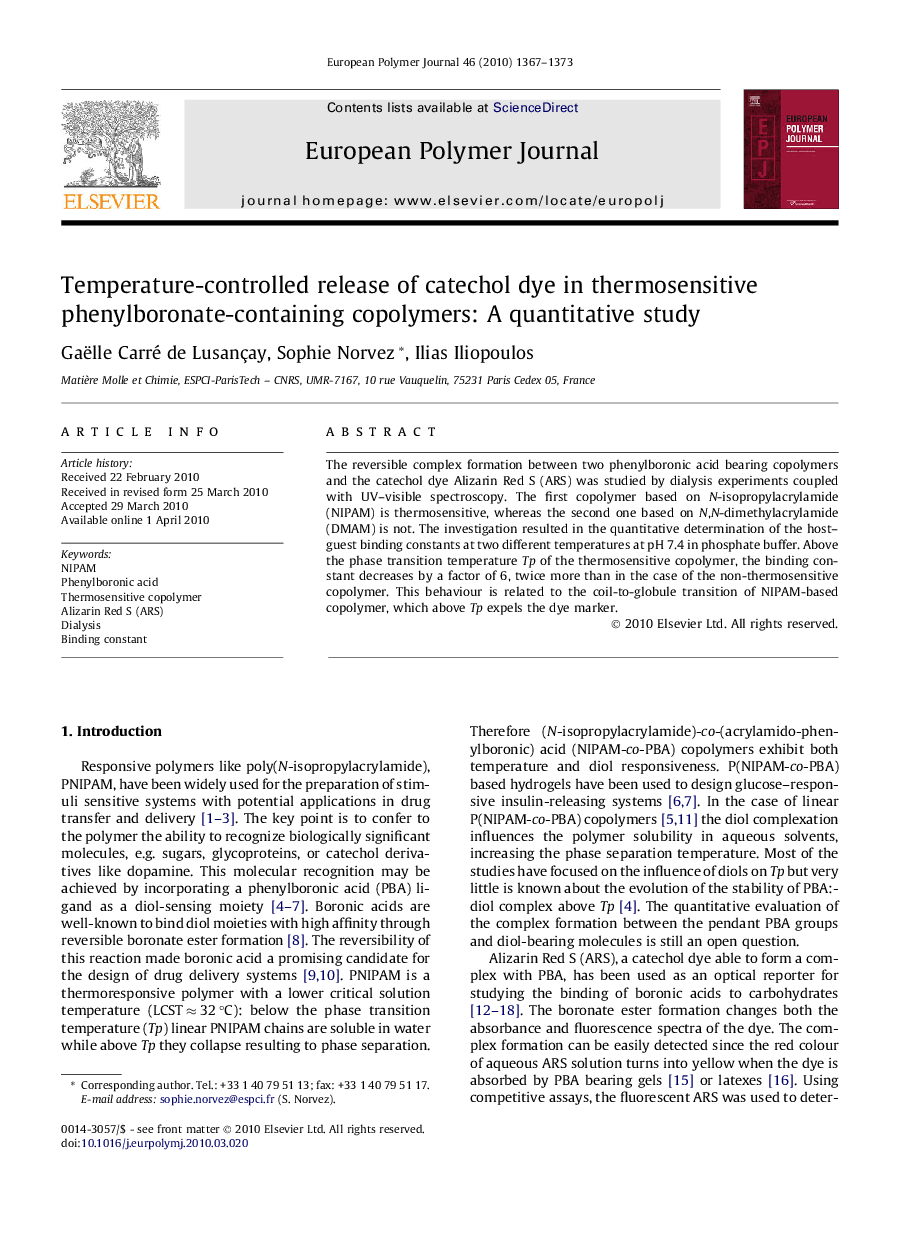 Temperature-controlled release of catechol dye in thermosensitive phenylboronate-containing copolymers: A quantitative study