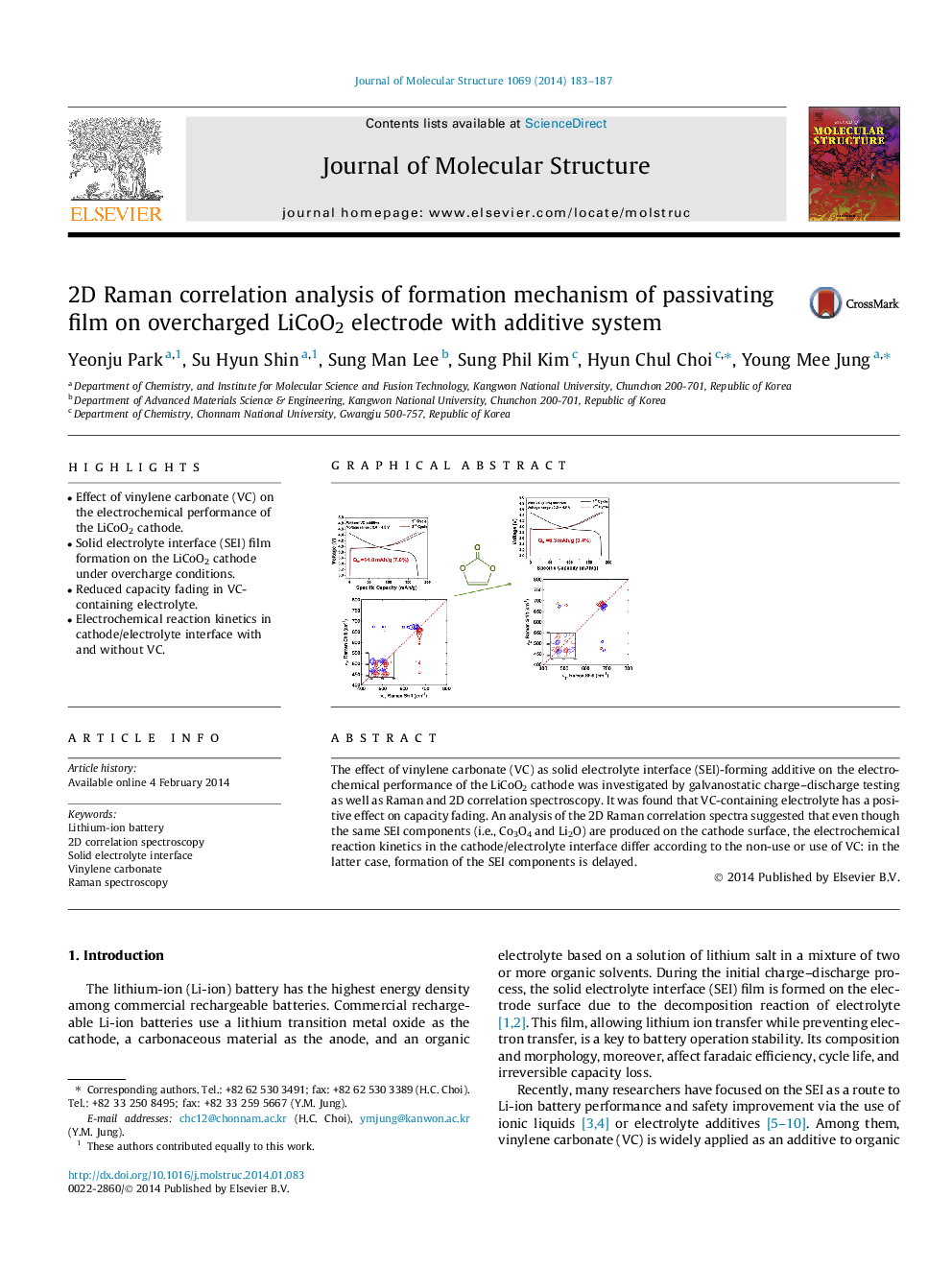 2D Raman correlation analysis of formation mechanism of passivating film on overcharged LiCoO2 electrode with additive system