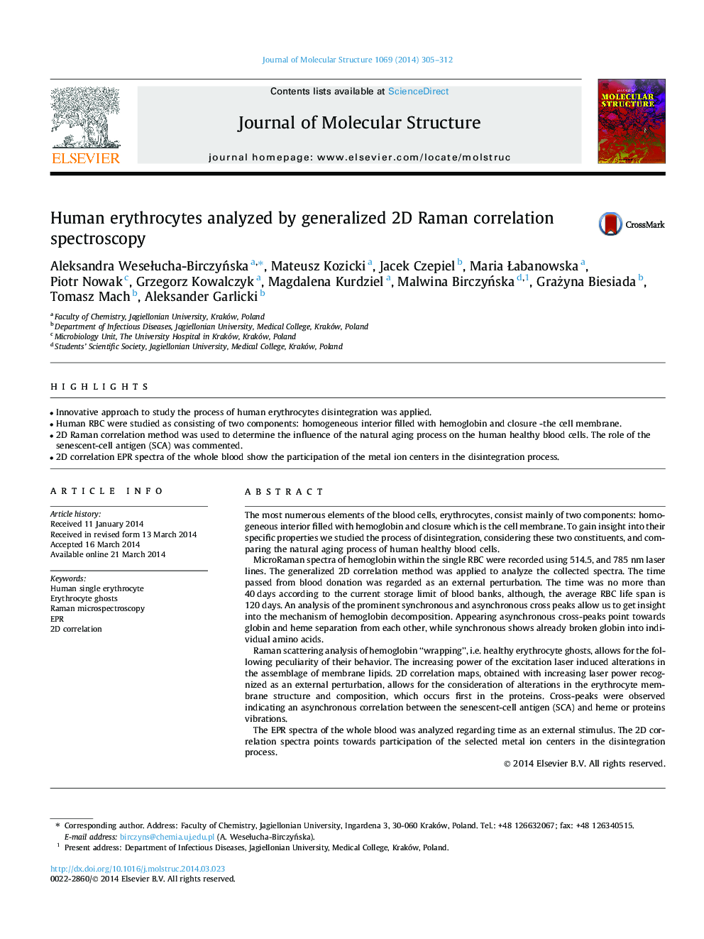 Human erythrocytes analyzed by generalized 2D Raman correlation spectroscopy