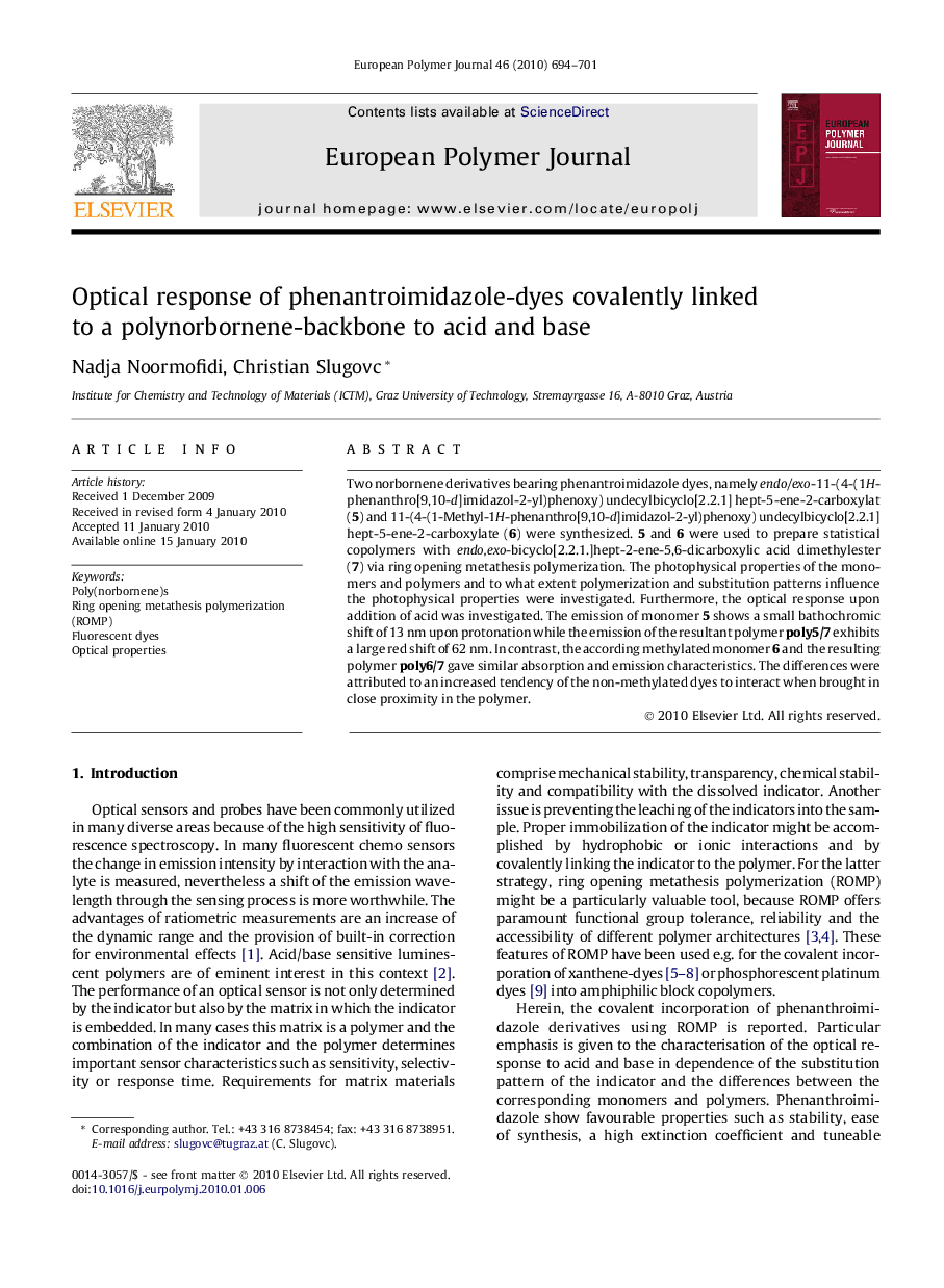 Optical response of phenantroimidazole-dyes covalently linked to a polynorbornene-backbone to acid and base