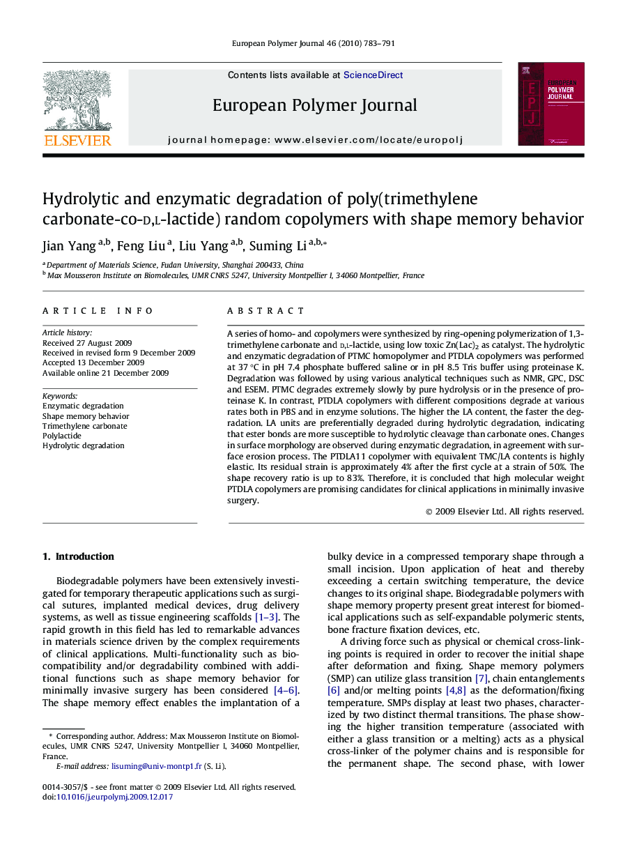 Hydrolytic and enzymatic degradation of poly(trimethylene carbonate-co-d,l-lactide) random copolymers with shape memory behavior