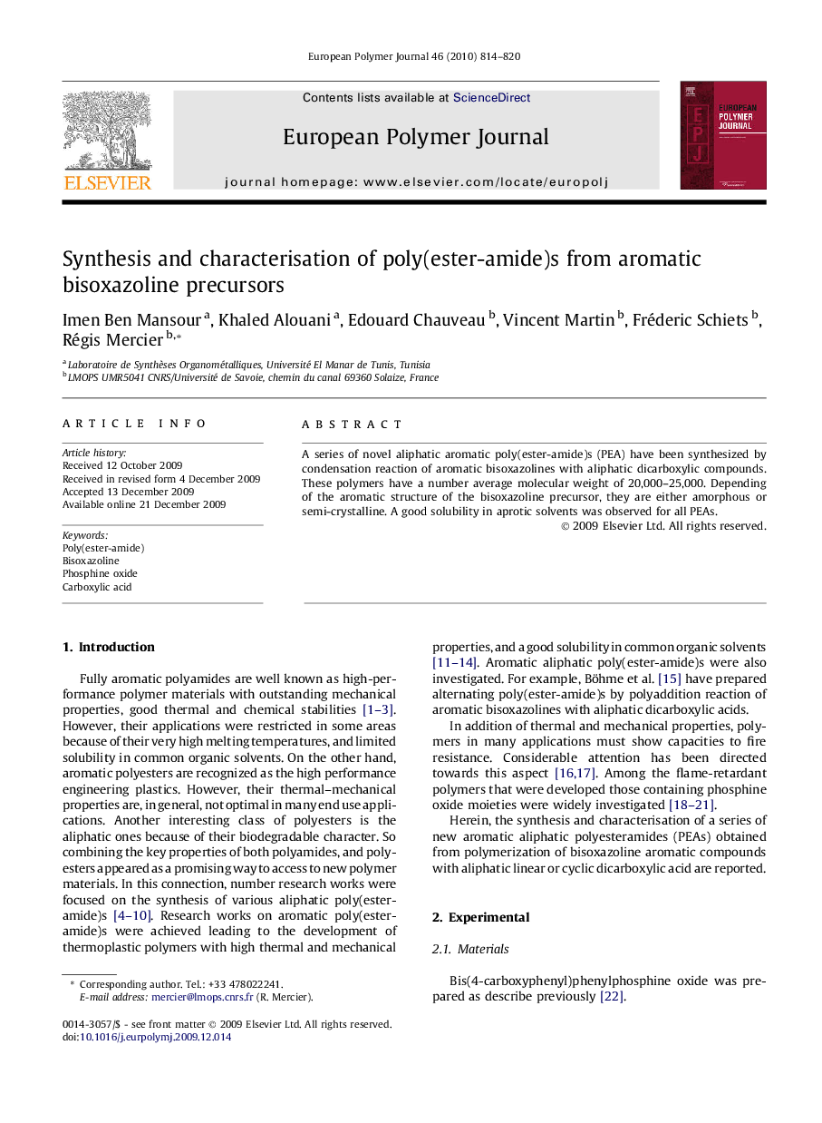 Synthesis and characterisation of poly(ester-amide)s from aromatic bisoxazoline precursors