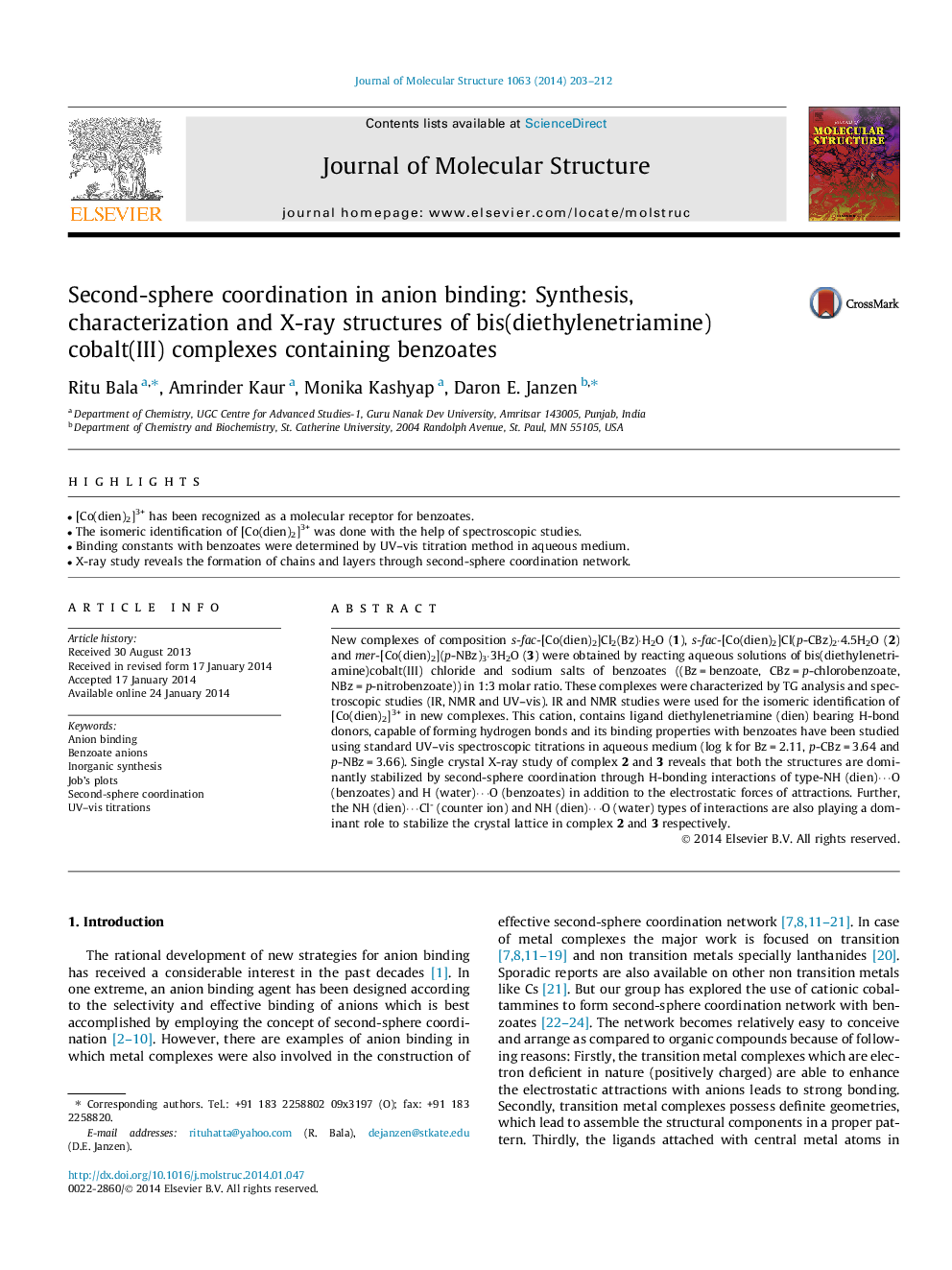 Second-sphere coordination in anion binding: Synthesis, characterization and X-ray structures of bis(diethylenetriamine)cobalt(III) complexes containing benzoates