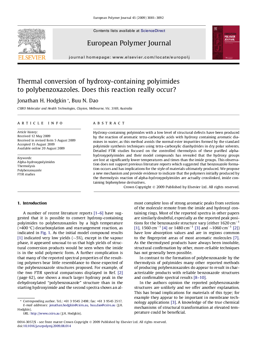 Thermal conversion of hydroxy-containing polyimides to polybenzoxazoles. Does this reaction really occur?