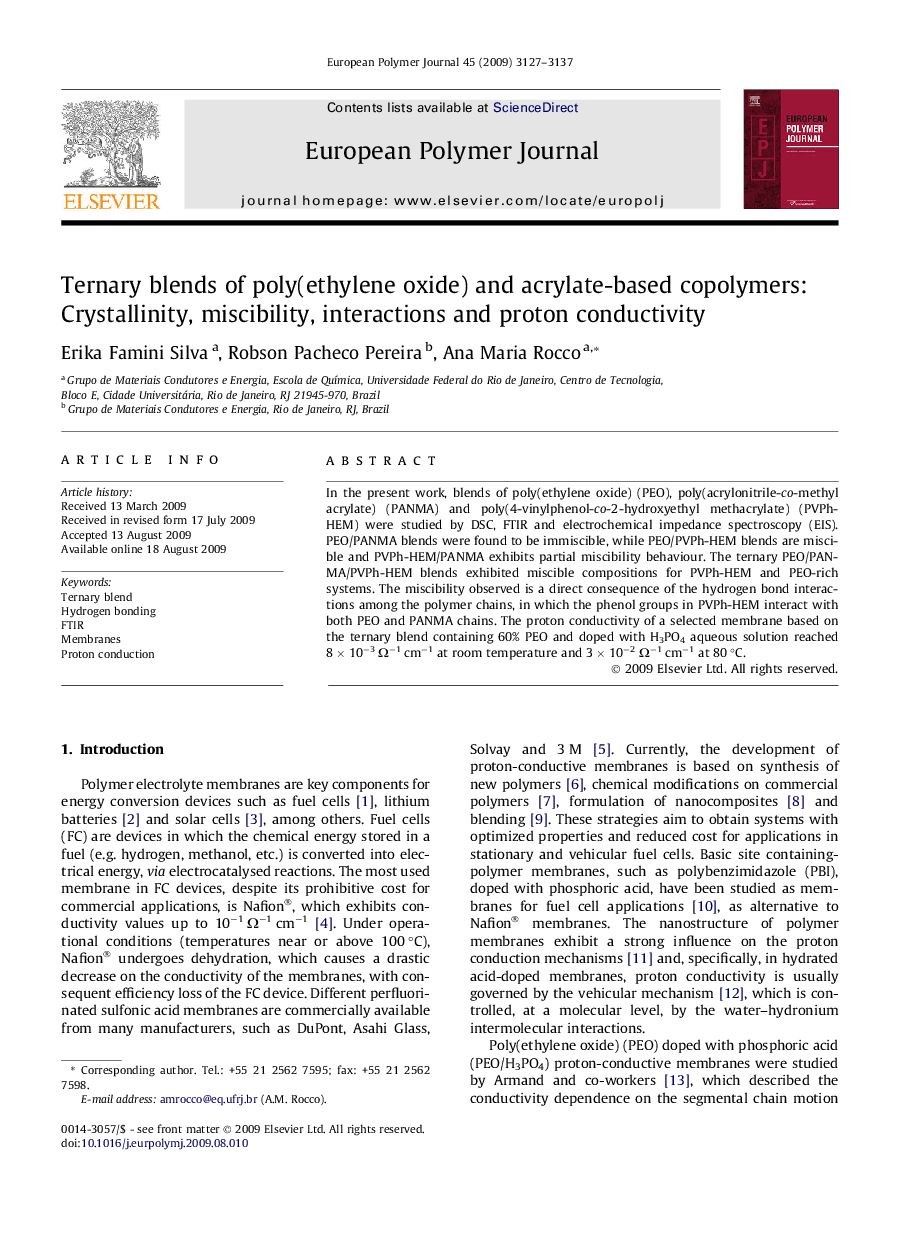 Ternary blends of poly(ethylene oxide) and acrylate-based copolymers: Crystallinity, miscibility, interactions and proton conductivity