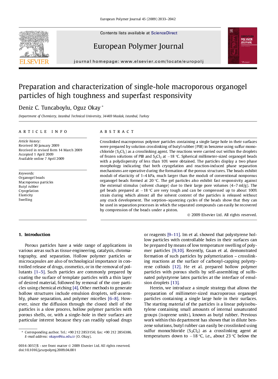 Preparation and characterization of single-hole macroporous organogel particles of high toughness and superfast responsivity