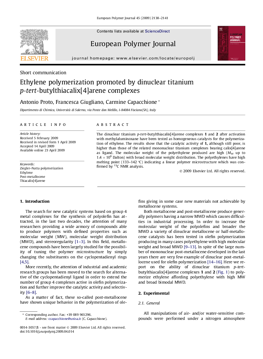 Ethylene polymerization promoted by dinuclear titanium p-tert-butylthiacalix[4]arene complexes