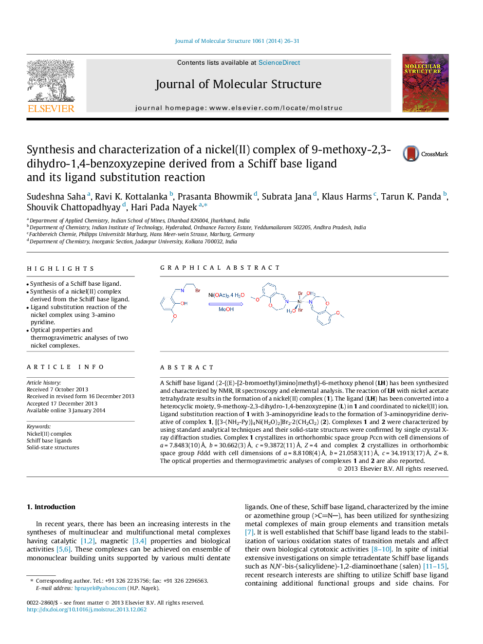 Synthesis and characterization of a nickel(II) complex of 9-methoxy-2,3-dihydro-1,4-benzoxyzepine derived from a Schiff base ligand and its ligand substitution reaction