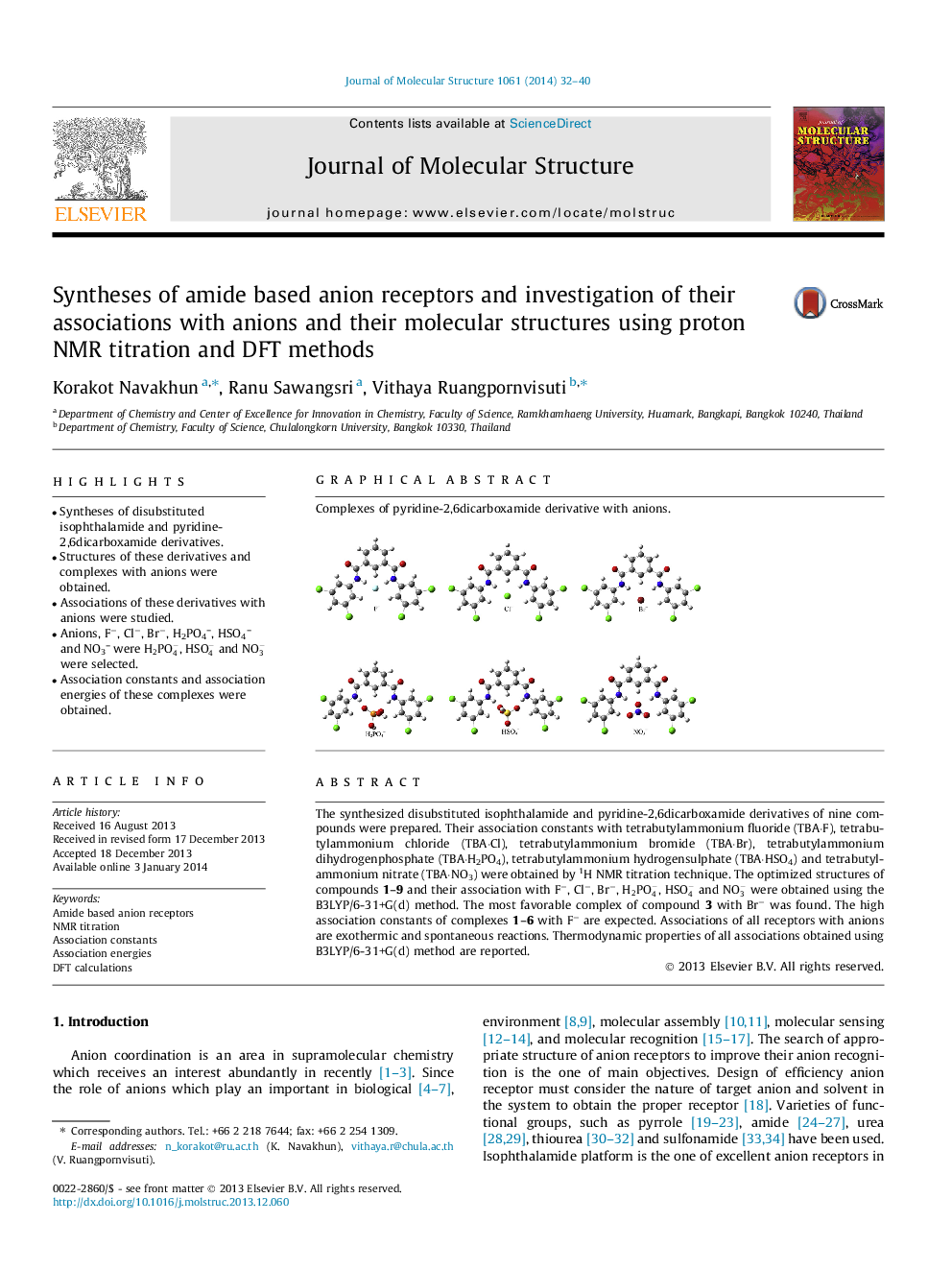 Syntheses of amide based anion receptors and investigation of their associations with anions and their molecular structures using proton NMR titration and DFT methods