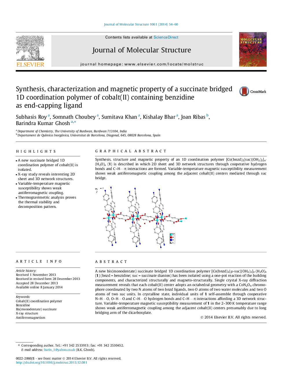 Synthesis, characterization and magnetic property of a succinate bridged 1D coordination polymer of cobalt(II) containing benzidine as end-capping ligand