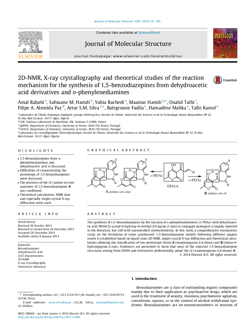 2D-NMR, X-ray crystallography and theoretical studies of the reaction mechanism for the synthesis of 1,5-benzodiazepines from dehydroacetic acid derivatives and o-phenylenediamines