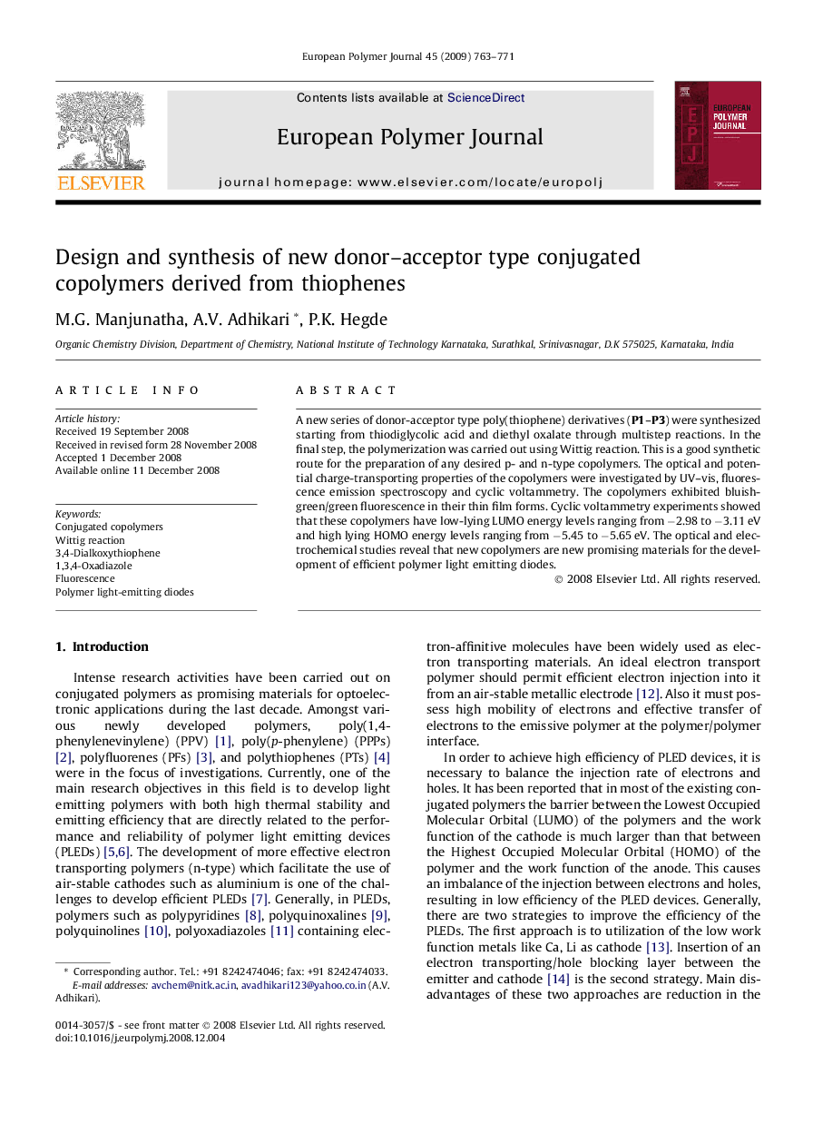 Design and synthesis of new donor-acceptor type conjugated copolymers derived from thiophenes