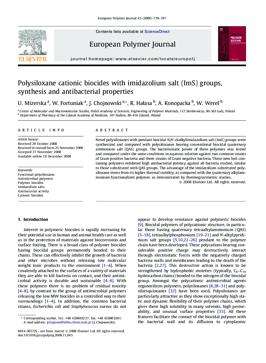 Polysiloxane cationic biocides with imidazolium salt (ImS) groups, synthesis and antibacterial properties