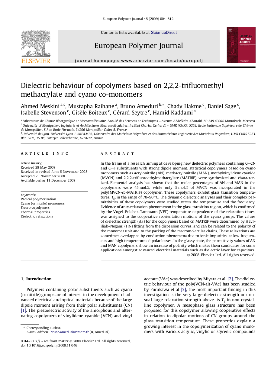 Dielectric behaviour of copolymers based on 2,2,2-trifluoroethyl methacrylate and cyano co-monomers