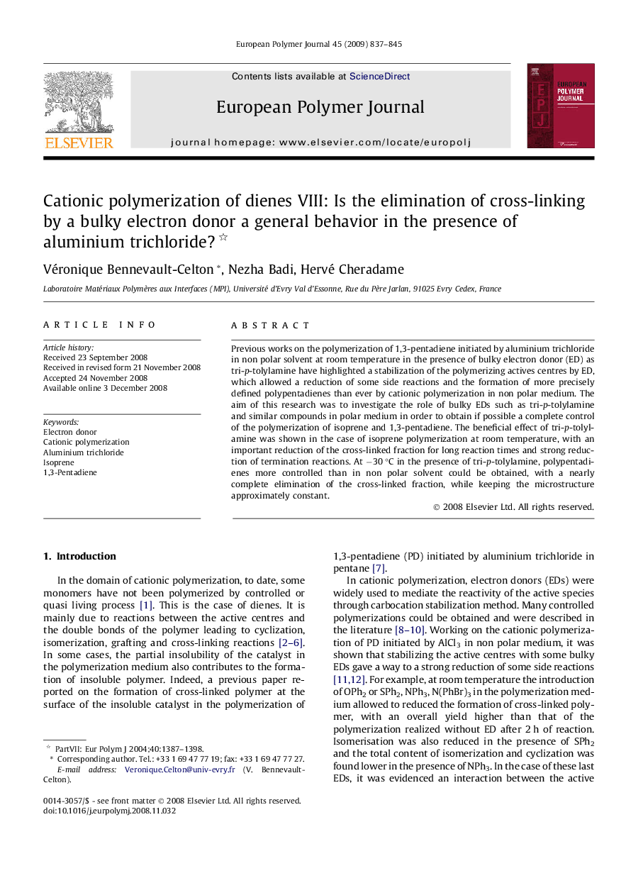 Cationic polymerization of dienes VIII: Is the elimination of cross-linking by a bulky electron donor a general behavior in the presence of aluminium trichloride? 