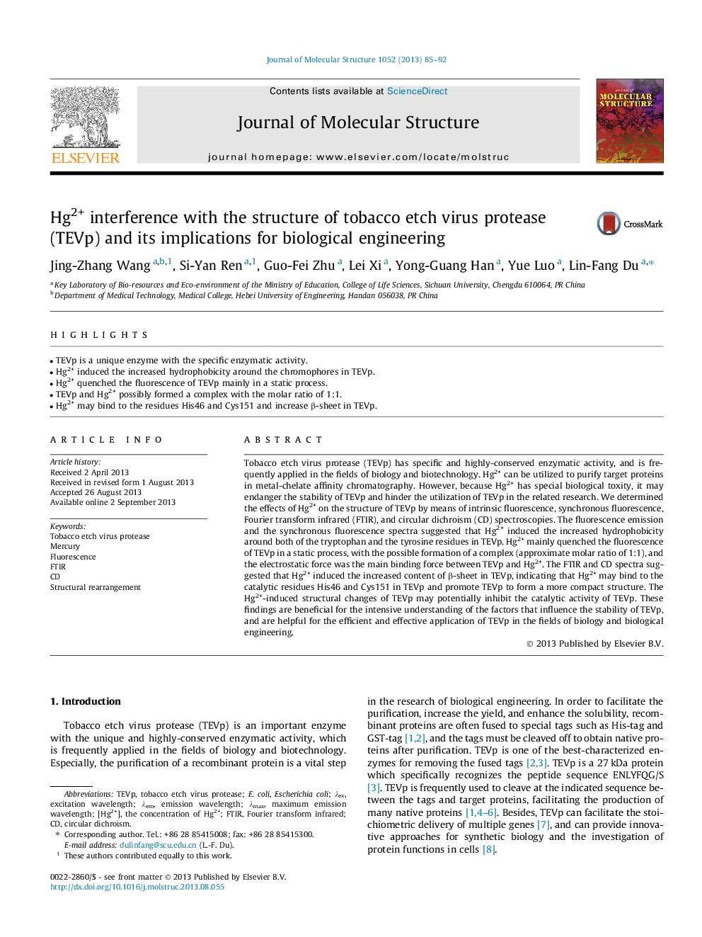 Hg2+ interference with the structure of tobacco etch virus protease (TEVp) and its implications for biological engineering