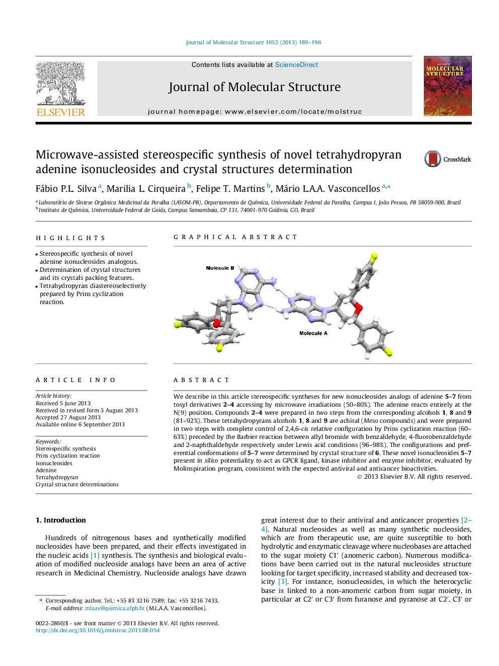 Microwave-assisted stereospecific synthesis of novel tetrahydropyran adenine isonucleosides and crystal structures determination